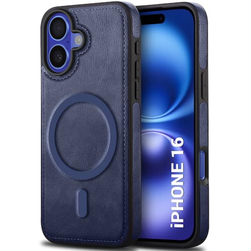 Image of TheGiftKart Genuine Leather Finish Back Cover Case for iPhone 16 | Shockproof Design | Raised Edges for Camera & Screen Protection | Stunning Minimalist Design Case Cover (Compatible MagSafe, Blue)