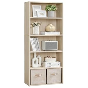 VASAGLE Custos Collection – Bookshelf, 5-Tier Bookcase, Book Shelf, Open Storage Shelf, 9.4 x 23.6 x 52.8 Inches, for Living Room, Home Office, Dinning Room, Natural Beige ULBC165L01