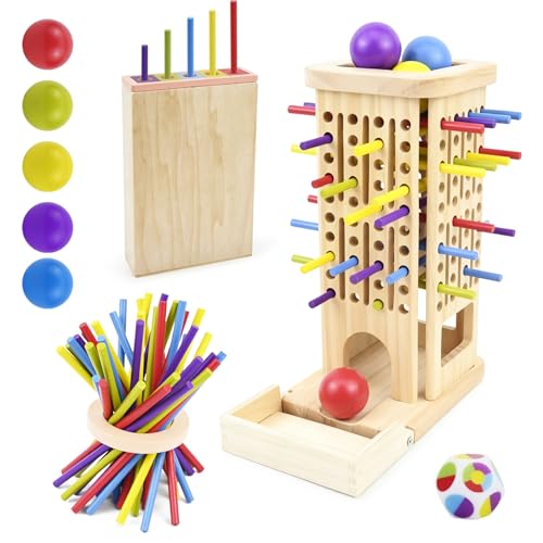 puiaxod Juego de Mesa Montessori para Niños 3 4 5 6 Años, con 40 Palitos de Madera, Dados y 5 Bolas de Colores Torre de Madera Juegos Educativos Juguete de Matemáticas para Familia y Viaje