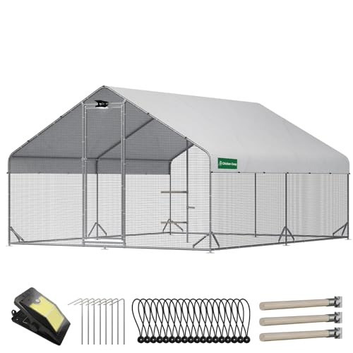 Large Walk-in Metal Chicken Coop with Chicken Run & Hardware Cloth, Solar Light, Waterproof & UV-Resistant Cover, Outdoor Poultry Cage for Farm Use,2 Room