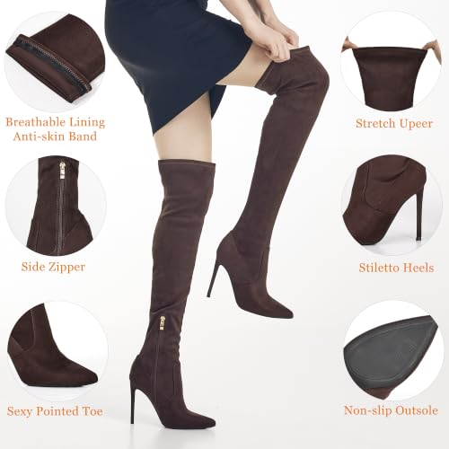 Image of GENSHUO Women's Over the Knee Boots Stiletto Pointed Toe Thigh High Heel | Stretchy Thigh High Long Boots with Side Zipper, Sexy Slim Fit Tall Heeled Boot for Club Party Evening Dress Wear