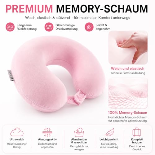 Egret Memory Foam Nackenhörnchen für Reisen - Ergonomische Unterstützung für Kopf, Nacken & Kinn - Super Leicht Nackenkissen für Flugzeug, Auto, Büro - Rosa