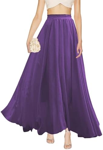 v28 Women Full/Ankle Length Elastic Pleated Retro Maxi Chiffon Lo...