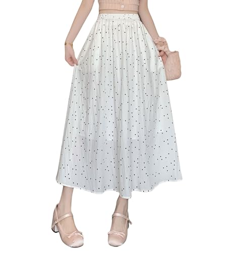 chouyatou Women's Boho Ditsy Polka Dot A-Line Skirt Elastic Waist Swing Pleated Midi Long Skirt with Pockets