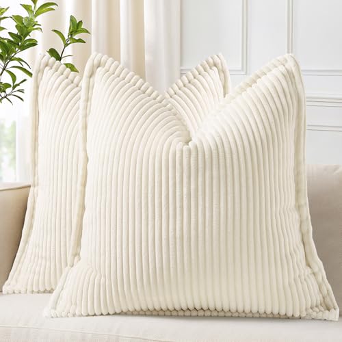 decorUhome Corduroy Cream White Throw Pillow Covers 18x18 Set of ...