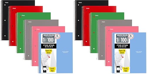 Image of Five Star Spiral Notebook + Study App,1 Subject,Graph Ruled Paper,8-1 /2 inch x 11 inch,100 Sheets,Fights Ink Bleed,Water Resistant Cover,Assorted Colors (73549),6 Count (Pack of 2)