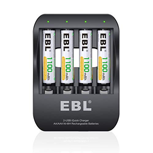 EBL AAA Rechargeable Batteries 1100mAh (4 Counts) and Quick Smart Battery Charger - 2 Hours Fully Charged, 2 USB Input Ports, More Convenient and Rapid …