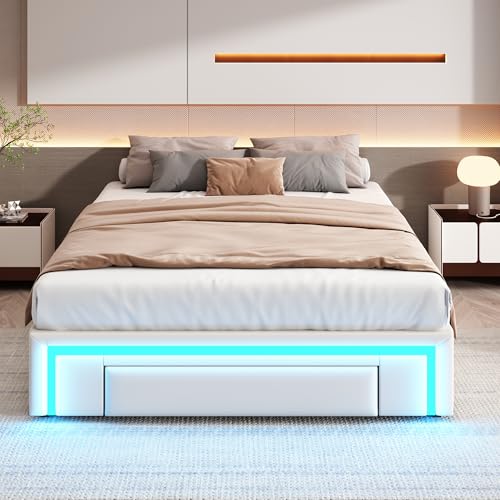 Dolamaní Polsterbett Bettgestell 140x200 cm ohne Kopfteil, PU-Leder Bett Mit LED und Schubladen, Metall Lattenrost Moderne Schlafzimmer Doppelbett (Beige)