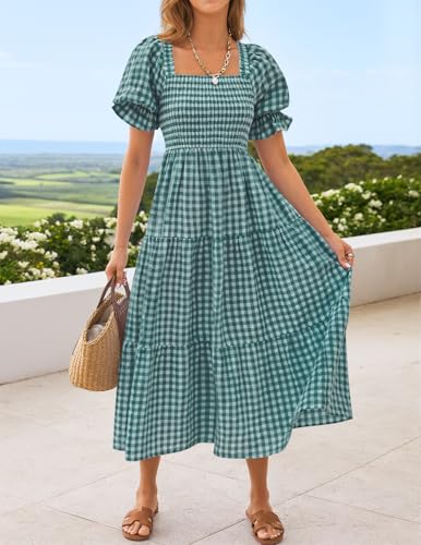 Image of ZESICA Women's 2026 Boho Summer Dresses Gingham Puff Sleeve Square Neck Flowy Beach Midi Dress