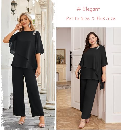 Hanna Nikole Plus Size Mother of Bride Pant Suits 2 Piece Chiffon Sets Ruffle Layers Wedding Guest Outfit2