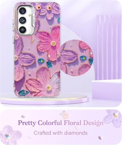Image of Elzzi Compatible with Samsung S24 FE 5G Case Laser Flower Oil Painting Cute Colorful Blue Ray Bumper with Full Camera Protection Shockproof PC+TPU Glossy Shiny Cover for Girls Women, Pink & Purple