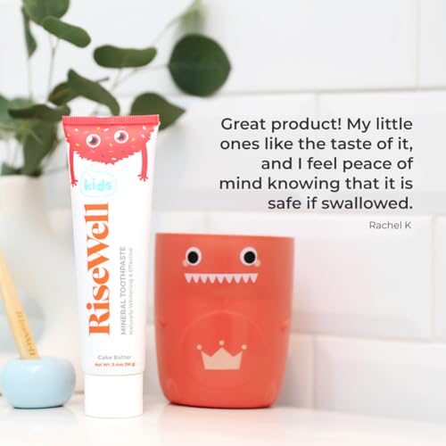 risewell kids mineral toothpaste - kids hydroxyapatite toothpaste - made by dentists safe to swallow no added fluoride and all natural - cake batter flavor 34 oz