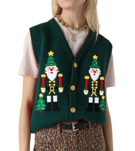 Image of Women Christmas Knit Vest Top Santa Embroidery Sleeveless Button Down Sweater Vest Xmas Snowman Cardigans Tank Top
