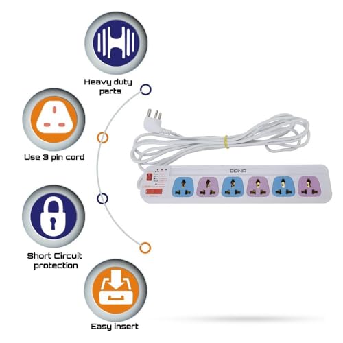 Image of PM CONA Power Strip with 6 Sockets, 4 Metre Cord, 6 Ampere, Spike Guard with Indicator, Multicolour (3291)