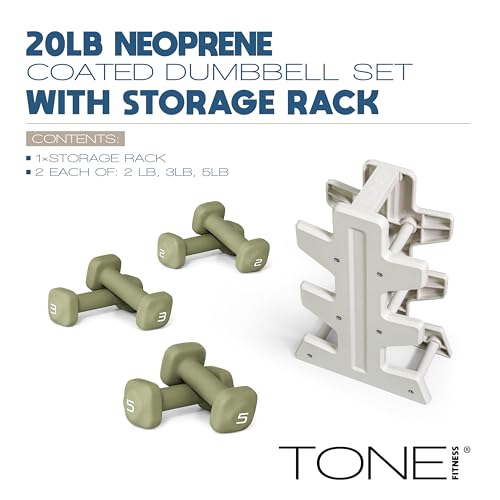Image of Tone Fitness Neoprene Dumbbell Set with Storage Rack - Non-Slip, Anti-Roll Hand Weights for Home Gym Workouts | 20 lb, 32 lb, 50 lb, 60 lb & 100 lb Options