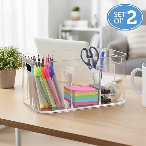 Image of STORi Bliss 5-Compartment Plastic Cosmetics Storage Organizer, Set of 2 | Clear | Rectangular Divided Makeup Bin & Vanity Caddy with Pass-Through Handles | Round Corner Design | Made in USA