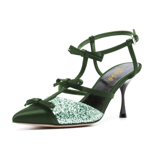 miss left Women Sexy Sparkly Closed Pointy Toe Sandals with Bows Ankle T-Strap Buckle Slim High Heel Pumps Trendy Cocktail Prom Shoes Size 4-16 US