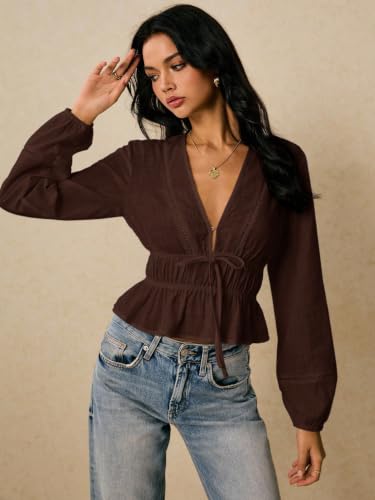 Image of Shasmi Women's Solid Deep V Neck Cotton Long Bishop Sleeve Drawstring Waist Ruffle Hem Peplum Top | Blouse | Casual Boho Cottagecore Shirt for Office, Vacation & Daily (Top 304)