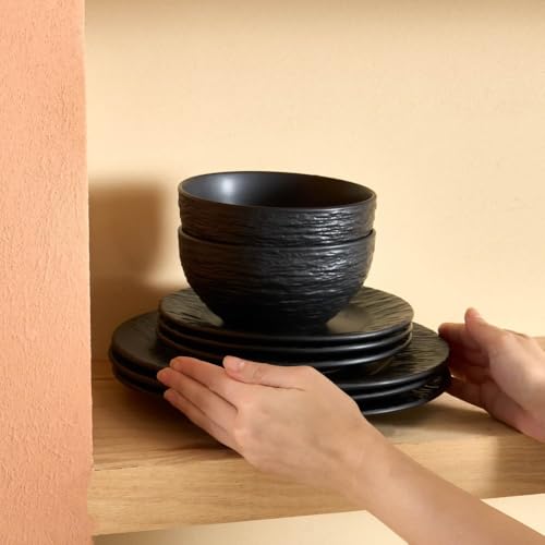 Karaca Solem Embossed, 18-teiliges Tafelservice aus Steingut, Schwarz, Elegantes Geschirrset mit Tellern & Schalen, Ideal für 6 Personen