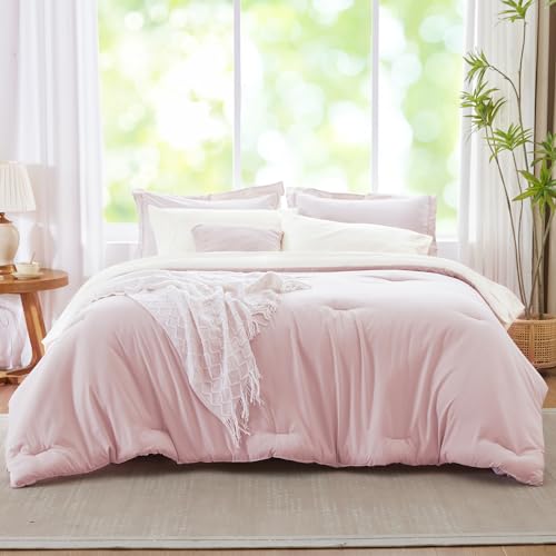 Kozyhvn Pink Comforter Set Queen, Pink and White Bedding Set