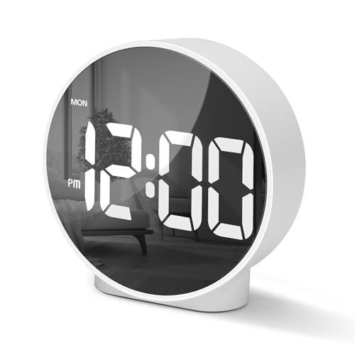 Lafocuse Despertador Digital con Pantalla LED Curva Redondo, 2 Alarma, Snooze, 4 Brillo Ajustable, 12/24 Horas, Reloj Despertador Digital Mesita Noche Sobremesa, Números Blancos