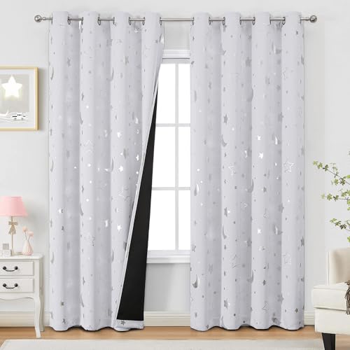 WUBODTI Cortinas 100 % opacas con diseño de estrellas grises y blancas para sala de estar, habitación de los niños, 213 cm de largo, juegos de 2 paneles, con ojales, bonitas cortinas con aislamiento