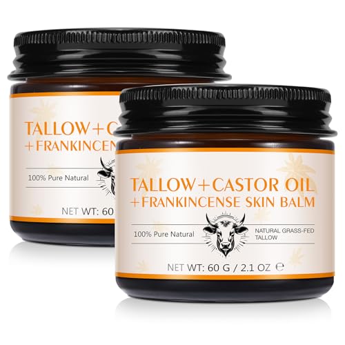 Tiuedu 2Pack Tallow, Castor Oil and Frankincense Oil Skin Balm, 100% Grass-Fed Tallow for Face & Body Moisturizer, Deep Moisturizing Cream, Moisturizer for Dry, Cracked Skin, All Skin Types