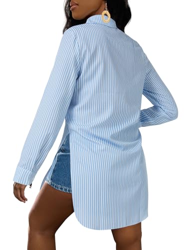 Image of LYANER Women's Collar Neck Long Sleeve Button Down Shirts Sexy Split Hem Tops Long Blouse Shirt Dress