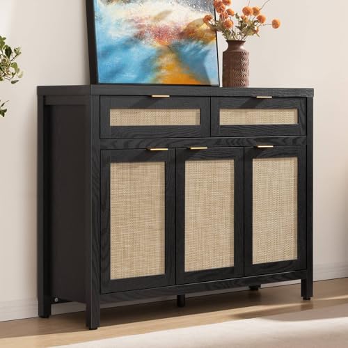 Image of SICOTAS Rattan Sideboard Buffet Cabinet with Storage, Boho Credenza Accent Cabinet with 3 Doors and 2 Drawers, Farmhouse Console Coffee Bar for Kitchen, Living Room, and Entryway, Black Oak