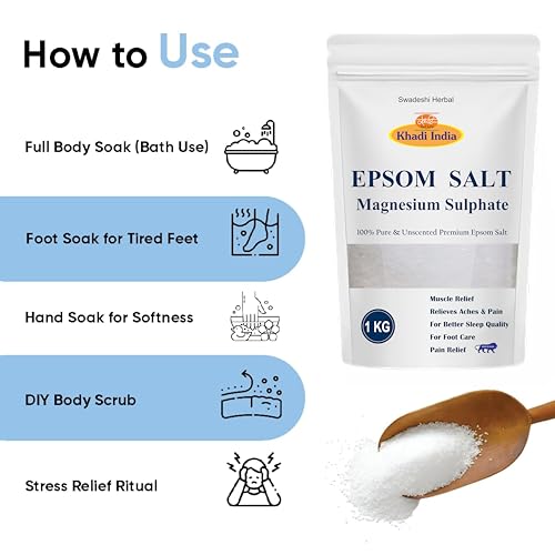 Image of Khadi Natural Epsom Salt 1000g - Spa-Grade Magnesium Sulphate for Relaxation, Stress Relief, Skin Detox & Pain Relief - Ideal for Body Bath, Foot Soak, Muscle Recovery & Exfoliation