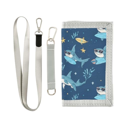 Wusikd Sharks Wearing Sunglasses Kids Wallet for Boys Girls Surfing Surfboards Toddler Trifold Wallet Novelty Wallet for Teens Women Men