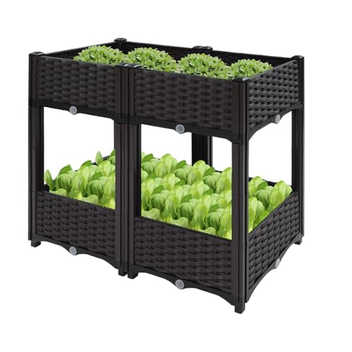 HuKaiL Jardinera elevada de doble capa, jardinera elevada con 4 cajas, bancal alto, balcón, semillero, escalera de flores con agujeros de drenaje para jardines, balcones, entradas de café, 80 x 40 x