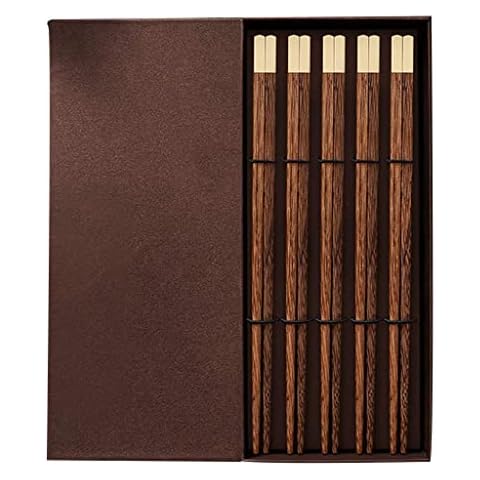 ZHOUXIAO Wooden Japanese Chopsticks Gift Set With Case,5 Pairs Chopsticks Reusable, Natural Wood Luxury Chopsticks Chinese Non-slip Sushi Chopsticks,Dishwasher Safe Chopstick D Cover