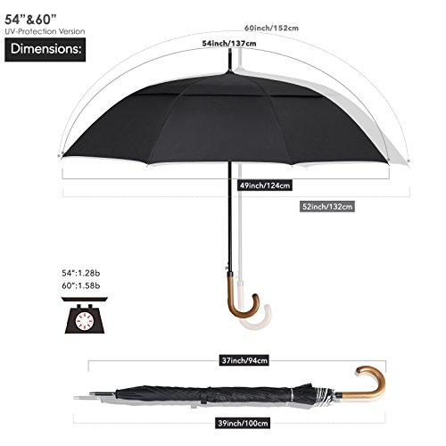 Zekar Wooden J-Handle Umbrella, 54/62/68 Inch, Classic Versions, Large Windproof Stick Umbrella, Auto Open For Men And Women #TOP3
