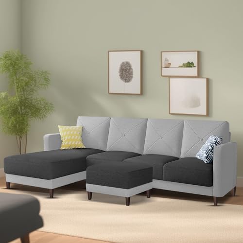 Image of Baloney LHS 6 Seater L Shape Sofa Set with Center Table for Living Room (Black Grey Fabric) Premium Fabric Sofa