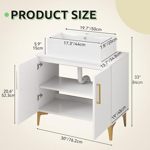 YITAHOME 30 Inch Bathroom Vanity with Vacuum Forming, Freestanding Storage Cabinet Vanity with Counter Top Sink Combo, 2 Large Soft Closing Doors with Shelf, Gold Handles & Legs, White