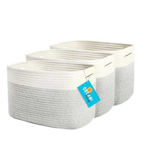Organihaus Cotton Rope Baskets 3-Pack | Toy Storage Bins | Decorative Baskets For Storage | Towel Baskets For Bathroom | Rope Storage Basket | Woven Baskets For Storage | Book Soft Basket - Grey #TOP27