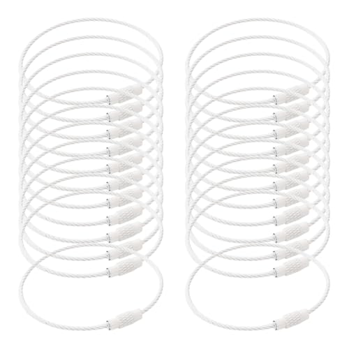 GSHLLO 30 Pcs 15 cm Steel Wire Key Rings Cable Wire Keychain Rings Thin Cable Loop Ring Metal Luggage Tag Loops ID Tag Keepers Key Organizer Loops with Screw Lock for Crafts Tools White