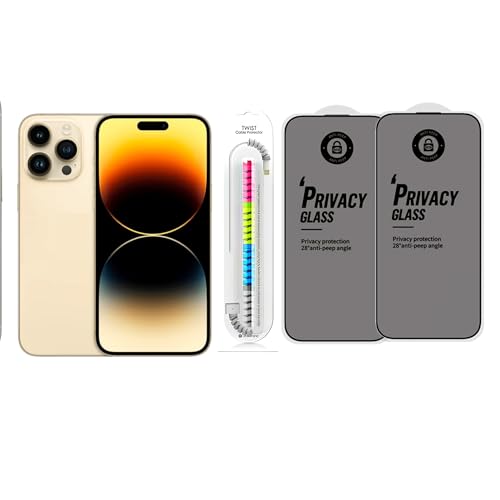 Image of Edge To Edge Privacy Tempered Glass Screen Protector Compatible With iPhone 14 Pro, 9H Hardness, Anti-Fingerprint, FHD Clear With Cable Protector Pack 2