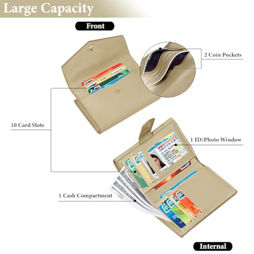 Small Genuine Leather Wallet for Women 10 Card Slots 1 ID Window 2 Coin Pockets Black (BEIGE)2