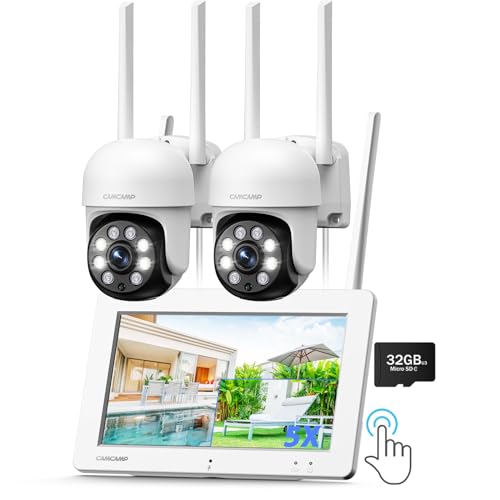 Camcamp Kit Telecamere Videosorveglianza WiFi con 7' Tattile Monitor, 3MP Kit Videosorveglianza Wifi Esterno con 32GB SD Carta, 360° PTZ Colori Visione Notturna 2-Vie Audio Movimento Rilevamento IP66