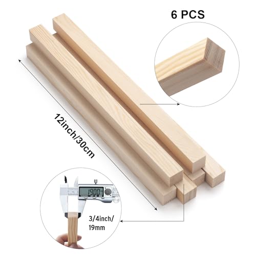 Square Wooden Dowel Rods, 6 PCS 3/4" x 12" Square Wood Dowel Rods Wooden Sticks for Crafts, Unfinished Hardwood Sticks Wood Strips for Woodworking, Crafting, Arts and DIYers, Home Decor, Model Making
