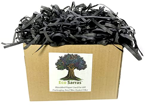 Image of Eco Sarras thin shredded paper crinkle paper grass strips gift tray decoration, gift hamper decorations, gift box fillers, wedding birthday & valentines day gift (200 Grams, Black)