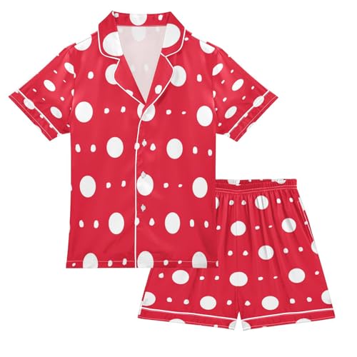 ALAZA Fashion Red Polka Dot Satin Pajamas Set Short Sleeve Button Down Sleepwear Summer Pjs 2 Piece