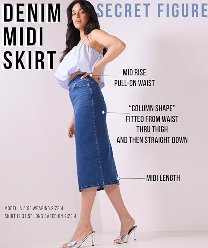 Rekucci Women's Secret Figure Stretch Denim Midi Skirt – Mid-Rise Jean Skirt with 5 Pockets & Back Vent4