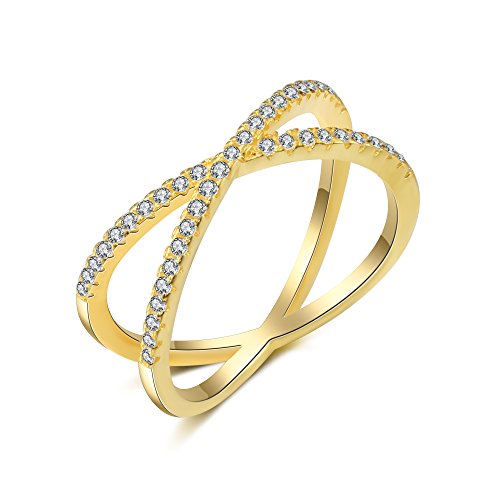 Sterling Silver Cubic Zirconia X Criss Cross Ring, Promise Ring for Women, Mothers Day Jewelry for Wife Girlfriend, Present for Her, Size 6-8 (Yellow-Gold-Plated-Silver, 8)