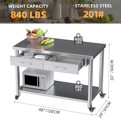 Image of Stainless Steel Work Table with Drawers, 48 inchx24 inch Prep Table for Commercial Kitchen, Heavy-Duty Workbench Worktable Rolling Kictchen Island with Wheels for Home Kitchen and Restaurant