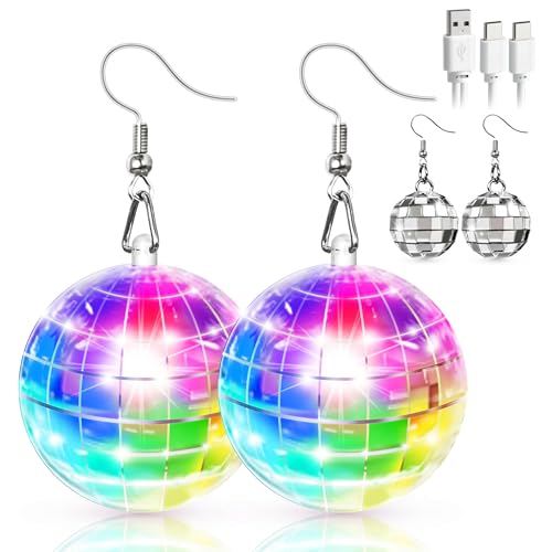 [2-Pair] Fun Disco Ball Earrings, 16 Modes Rechargeable LED Light Up Earrings & 25mm Mirror Ball for Women 70s 80s Disco Party Dance Dress Halloween Costumes Festival Outfits Rave Accessories