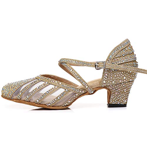 HROYL Women Closed Toe Ballroom Dance Shoes Low Heel Rhinestones Latin Salsa Modern Performance Practice Dancing Shoes YCL403
