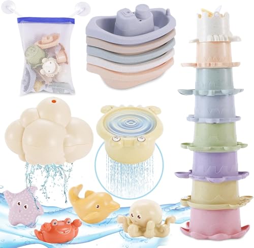 Badespielzeug Baby ab 1 2 Jahr, Baby Kinder Badewannenspielzeug Schimmelfreies, Wasserspielzeug Badewanne Spielzeug mit Spritztiere/Stapelbecher/Badeboote